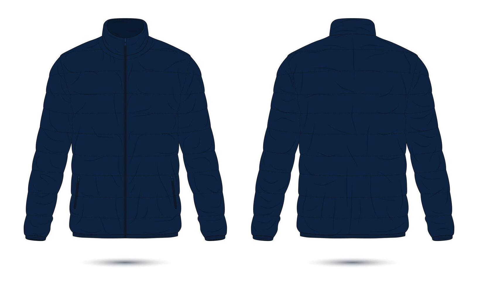 Dark blue outdoor puffer jacket mockup front and back view vector