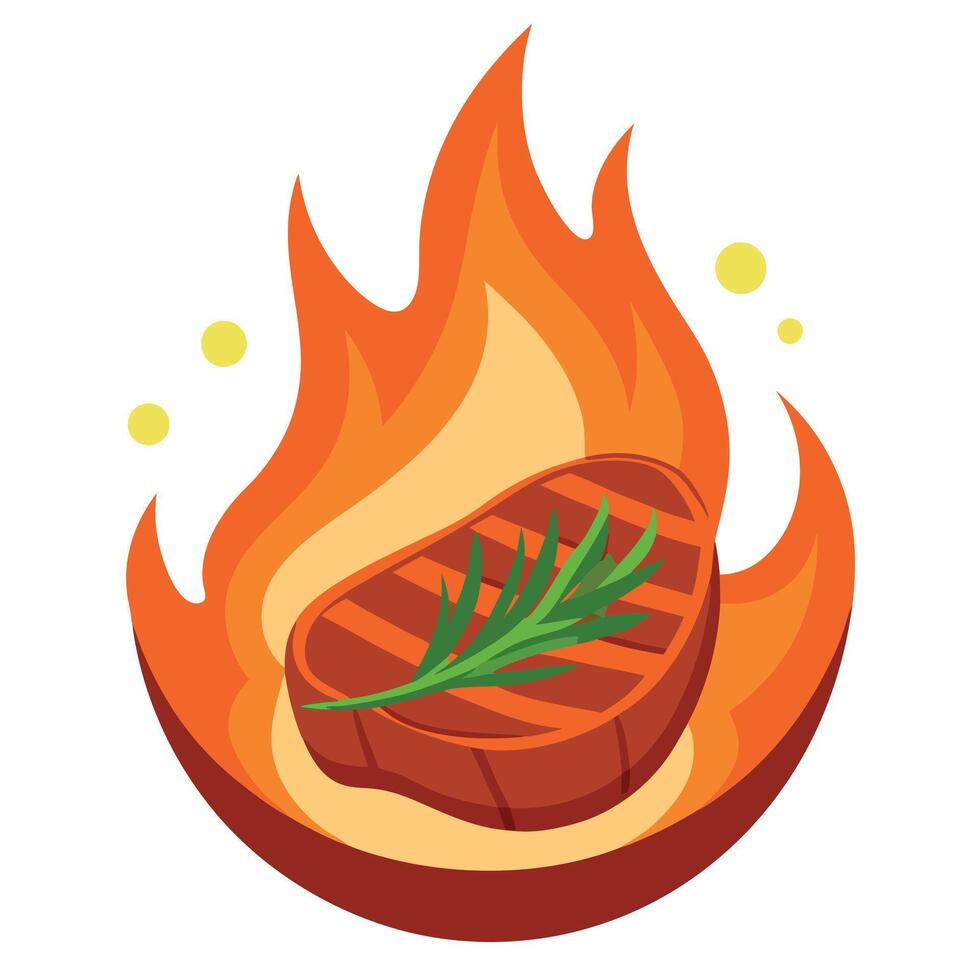 Grilled meat steak and herbs cooked on fire as a barbecue. delicious food vector