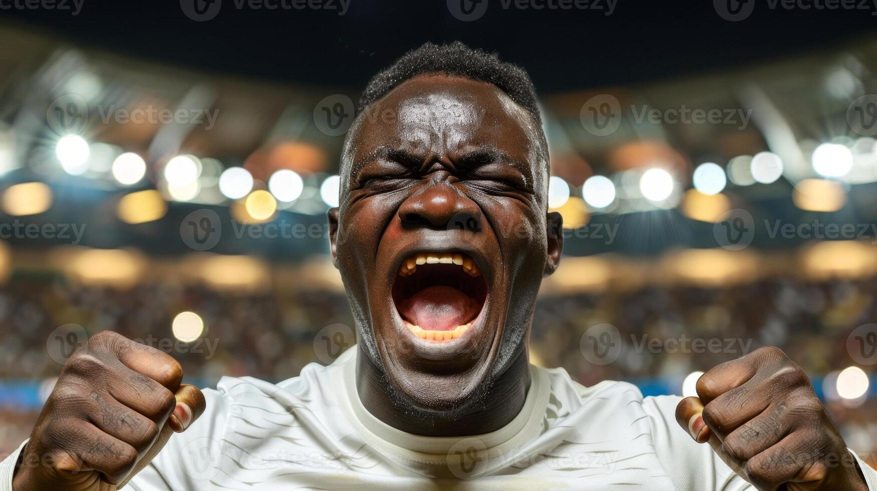 Soccer player screaming goal celebrating with fans in background photo