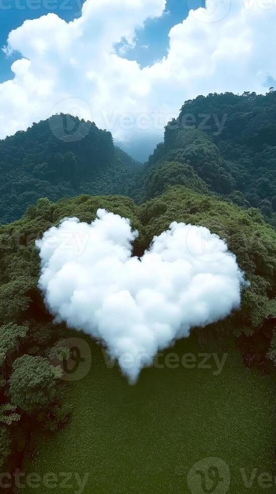 Heart shaped cloud floating over lush green forest photo