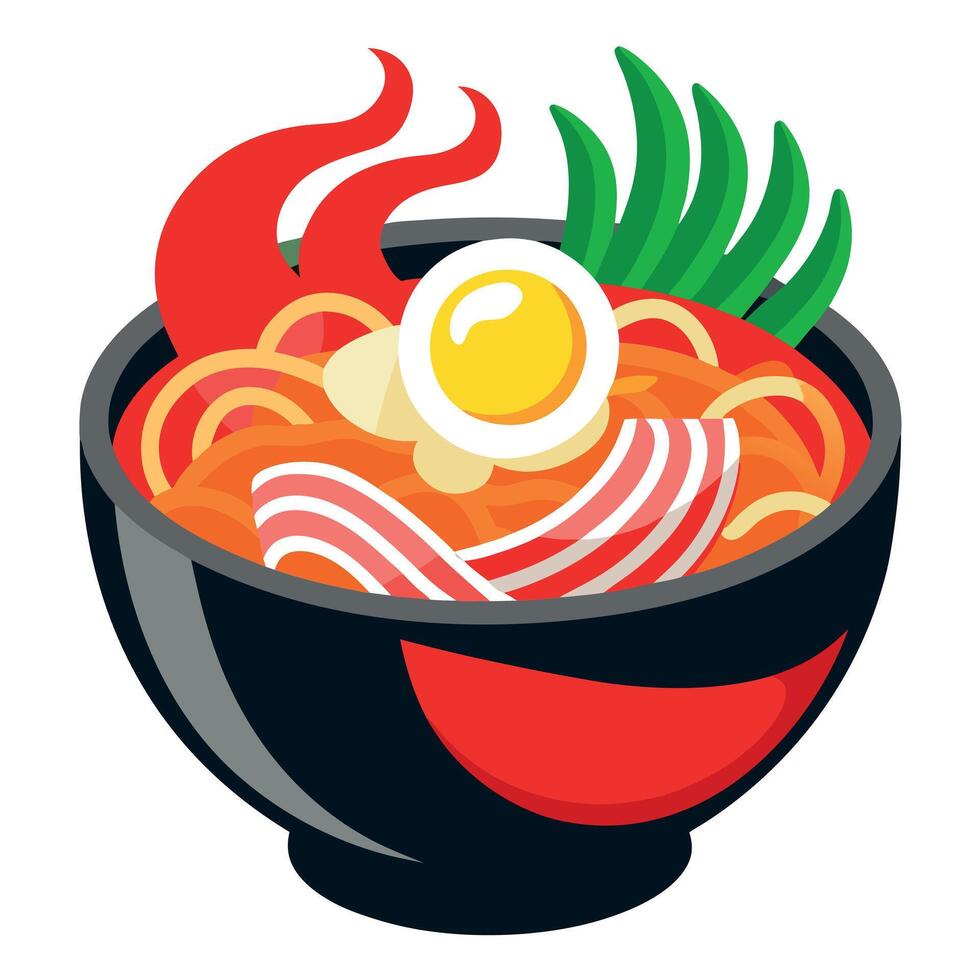 Fiery red Buldak Ramen noodles. contrasting with melted mozzarella cheese. A soft-boiled egg waits. vector