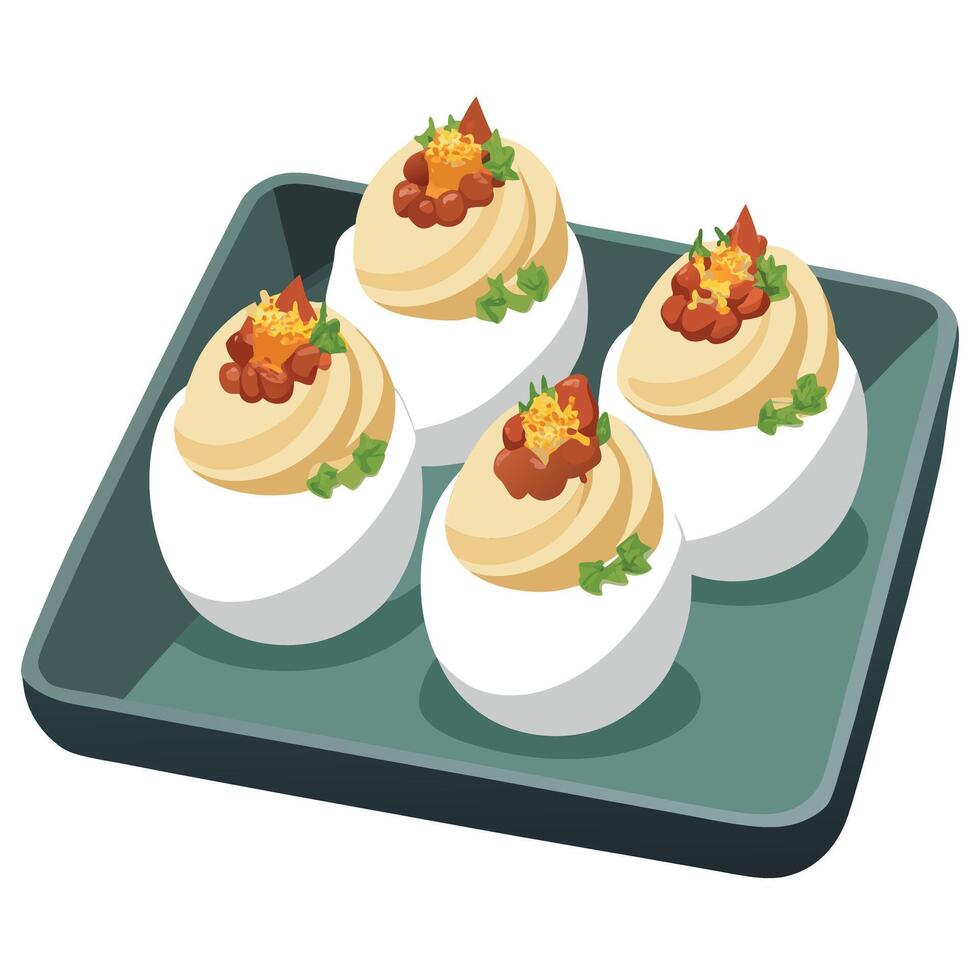 Close-up of loaded deviled eggs topped with chopped chives and crispy bacon crumbles. served on a tr vector