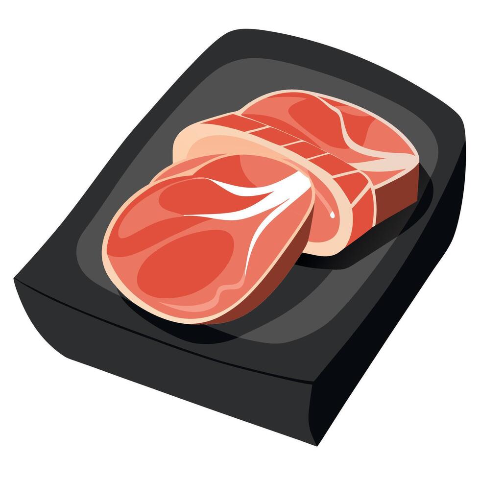 Bacon strips raw smoked pork meat slices in vacuum package on black stone table vector