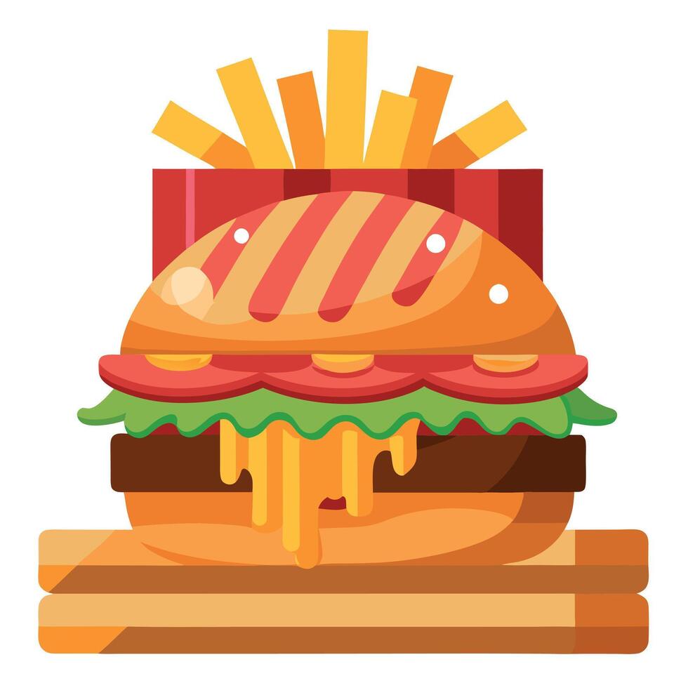 Delicious cheeseburger with bacon and french fries is steaming on wooden table vector