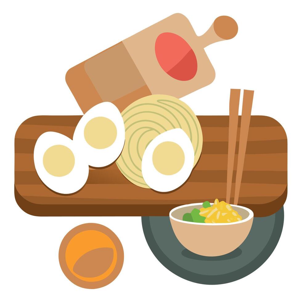Wooden cutting board with eggs on it next to bowls of noodles and boiled eggs vector