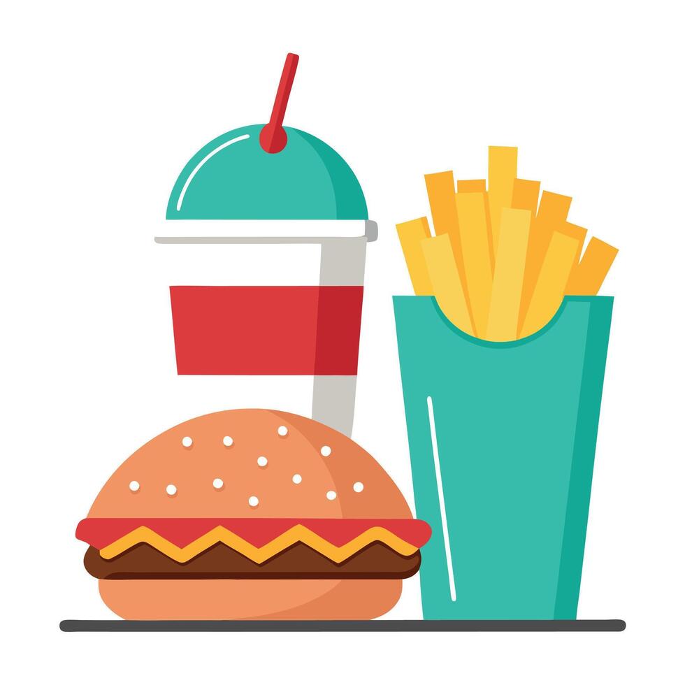 Burger and Milkshake. Delicious Cooked Food Meal with Chips and Sustenance vector