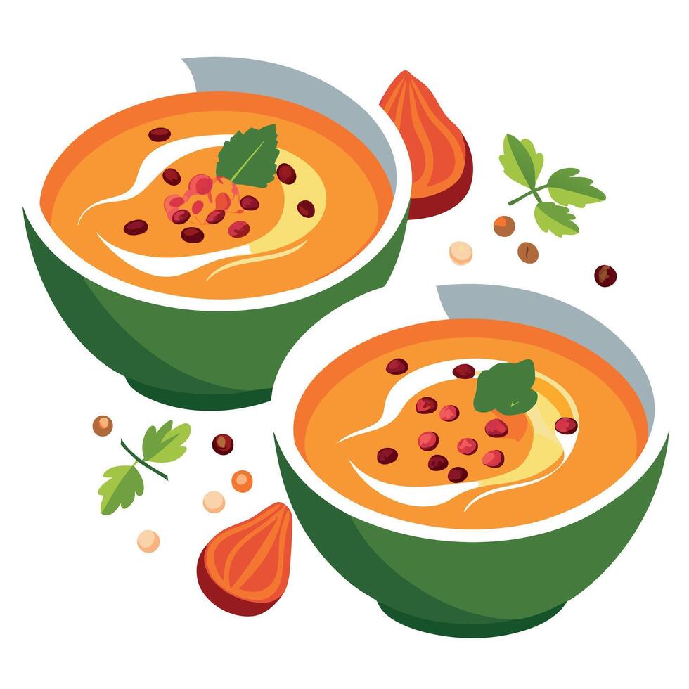 Bowls of butternut squash soup garnished with greens. bacon and pumpkin seeds. vector