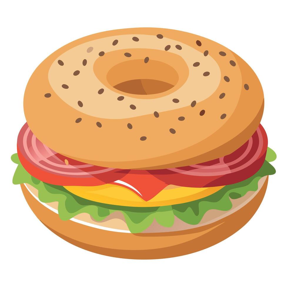 Gourmet sesame and poppy seed bagel sandwich with bacon cheese vegetables vector
