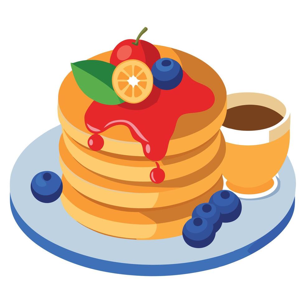 A delicious breakfast of pancakes with fresh berries and maple syrup. AI. vector
