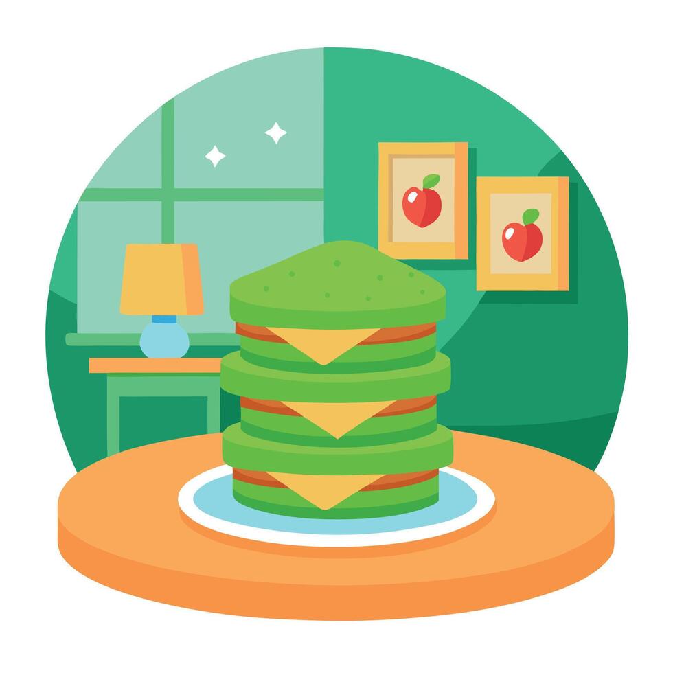 A green plate holds stacks of sandwiches on a wooden table in a kid's room vector