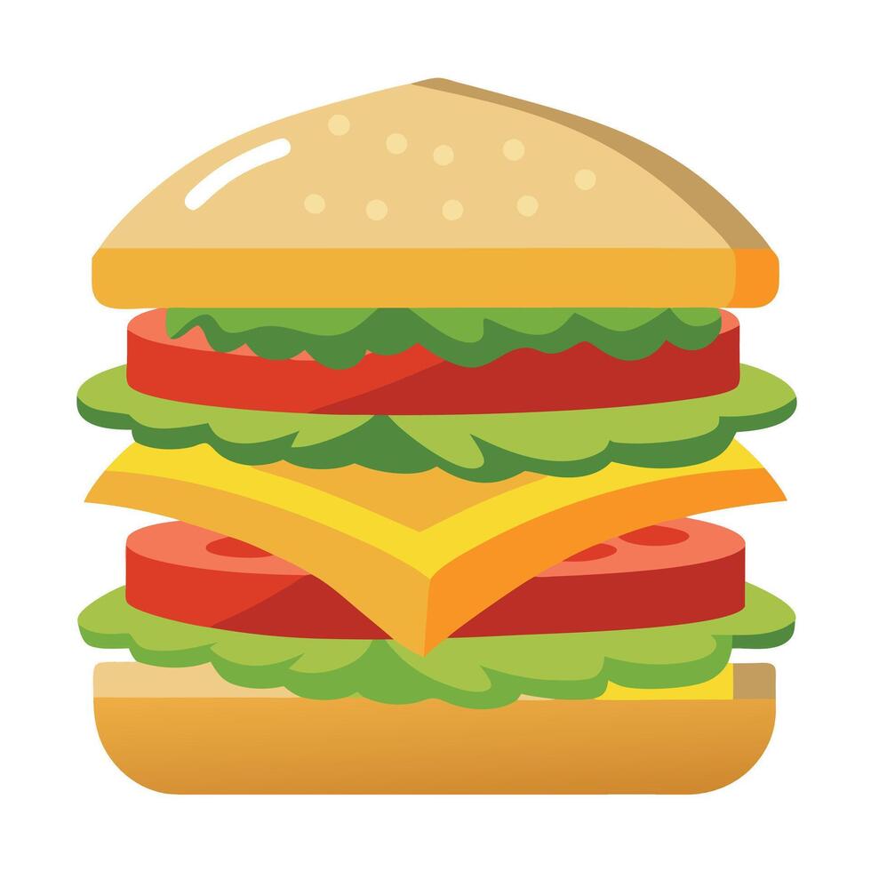 A sandwich with lettuce. tomato. and cheese is piled on top of another sandwich vector