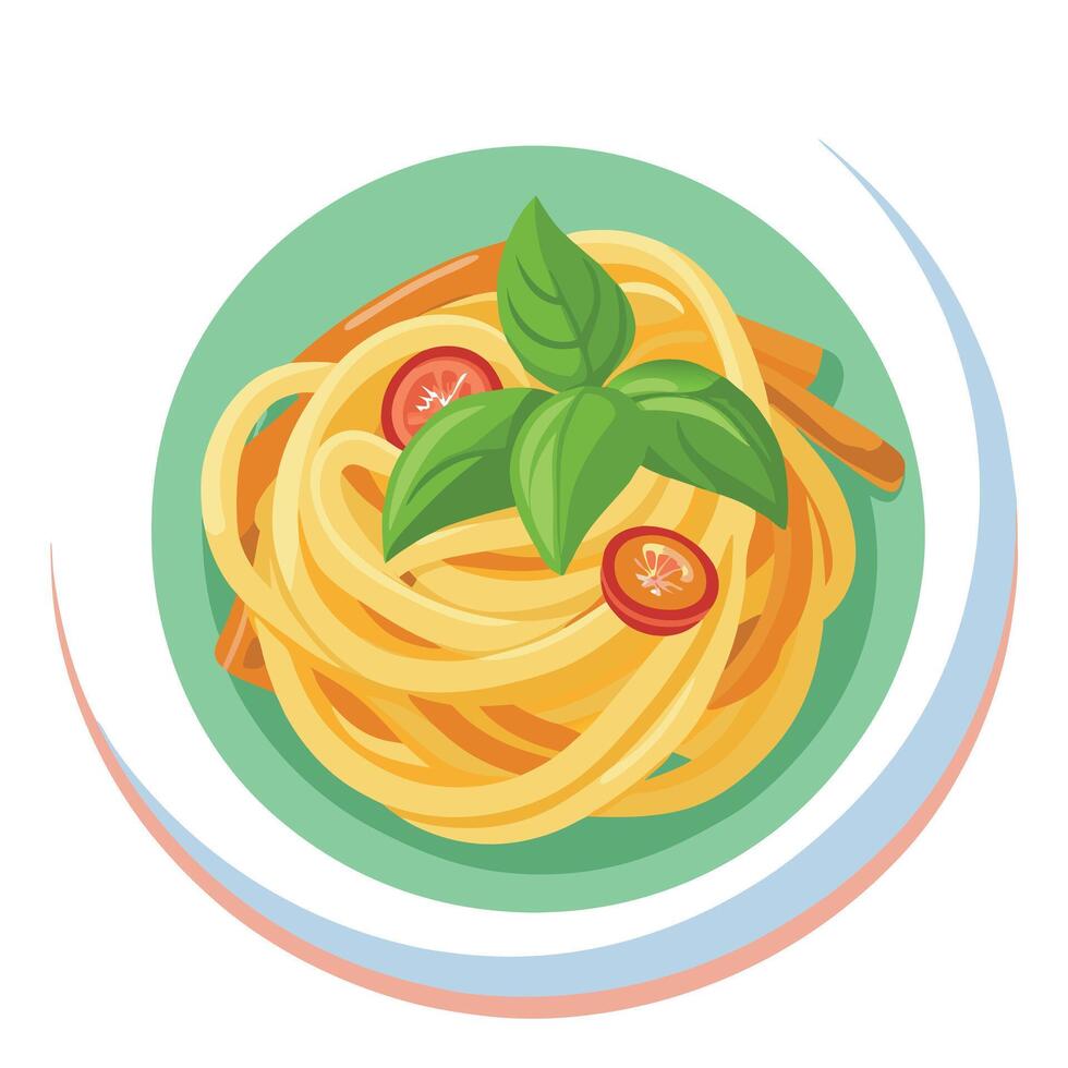 Delicious spaghetti carbonara garnished with basil and bacon on a plate. vector