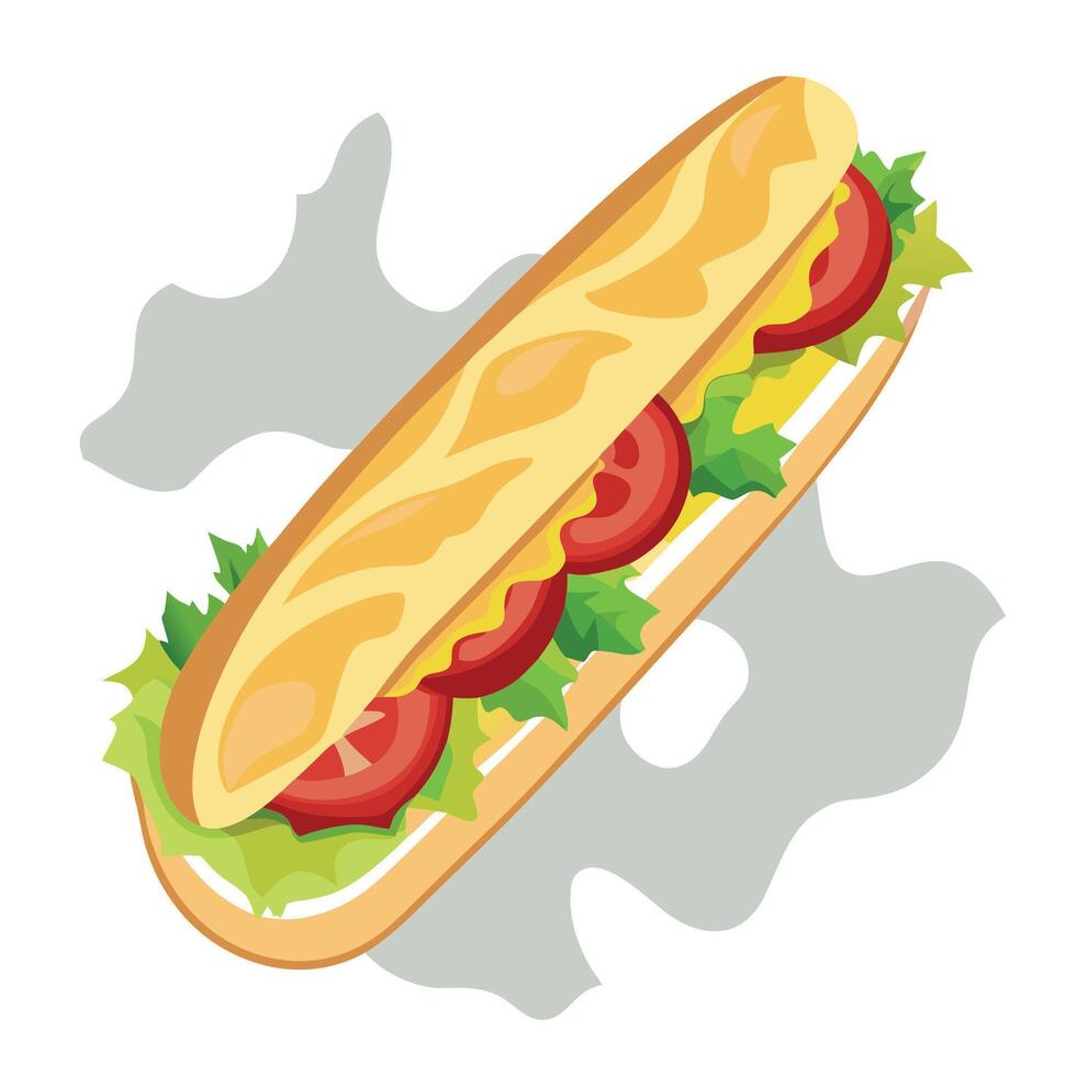 Baguette sandwich with bacon cheese tomatoes and lettuce on marble surface vector