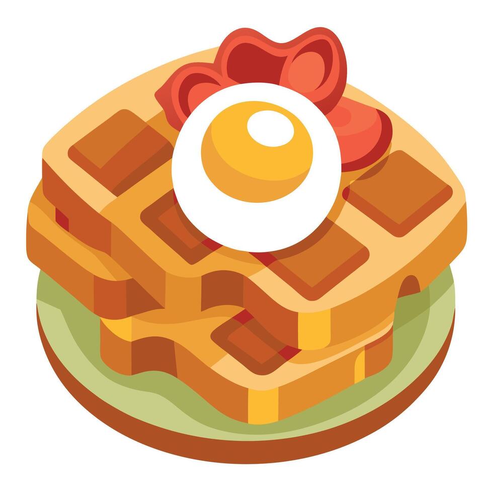 A few waffles topped with crispy bacon and a perfectly cooked egg on top of each vector
