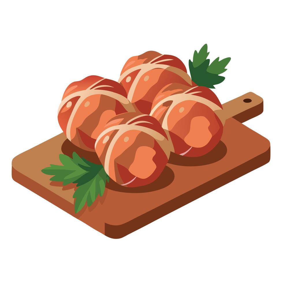 A close-up of bacon wrapped cheese balls on a wooden cutting board with herbs. vector