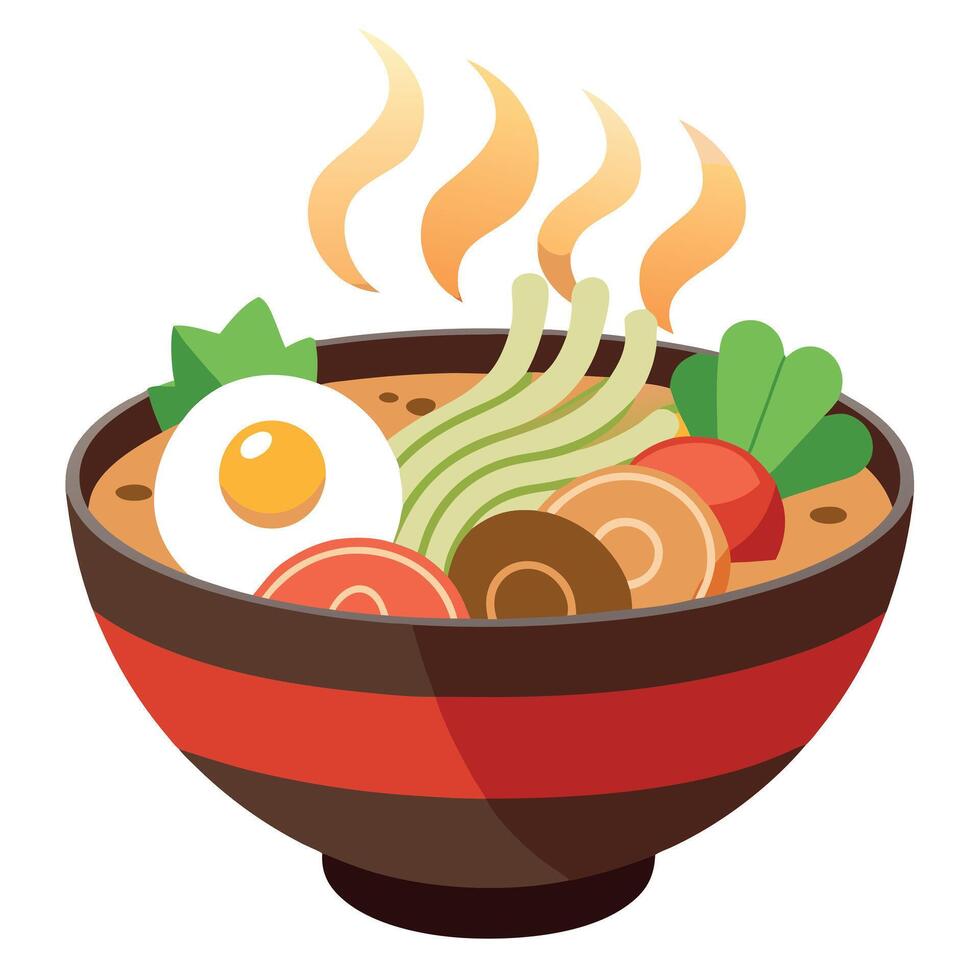 Fresh. healthy Asian noodle soup with beef. chicken. egg. and vegetables. vector