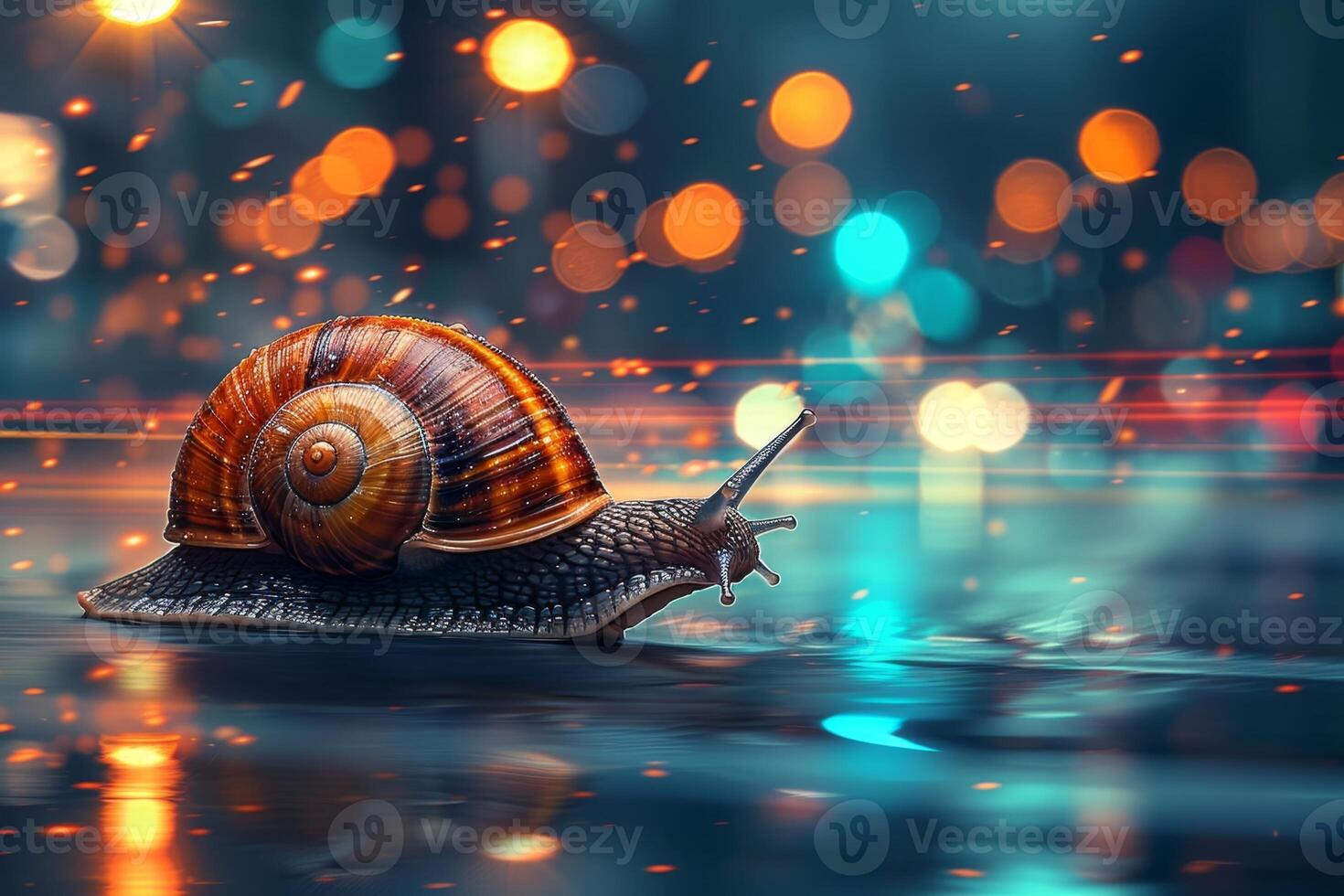 Snail crawling on wet asphalt at night with bokeh lights photo