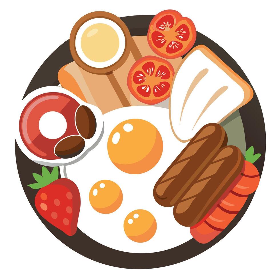 Juicy sausages. crispy bacon. runny eggs. grilled tomatoes. mushrooms. and toast. expertly arranged vector