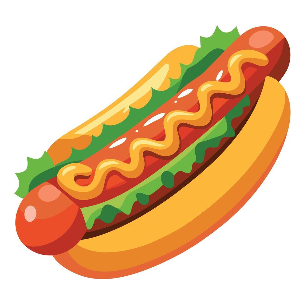 A delicious hot dog with a ruddy sausage. fresh cucumbers and crispy bacon. abundantly poured with b vector