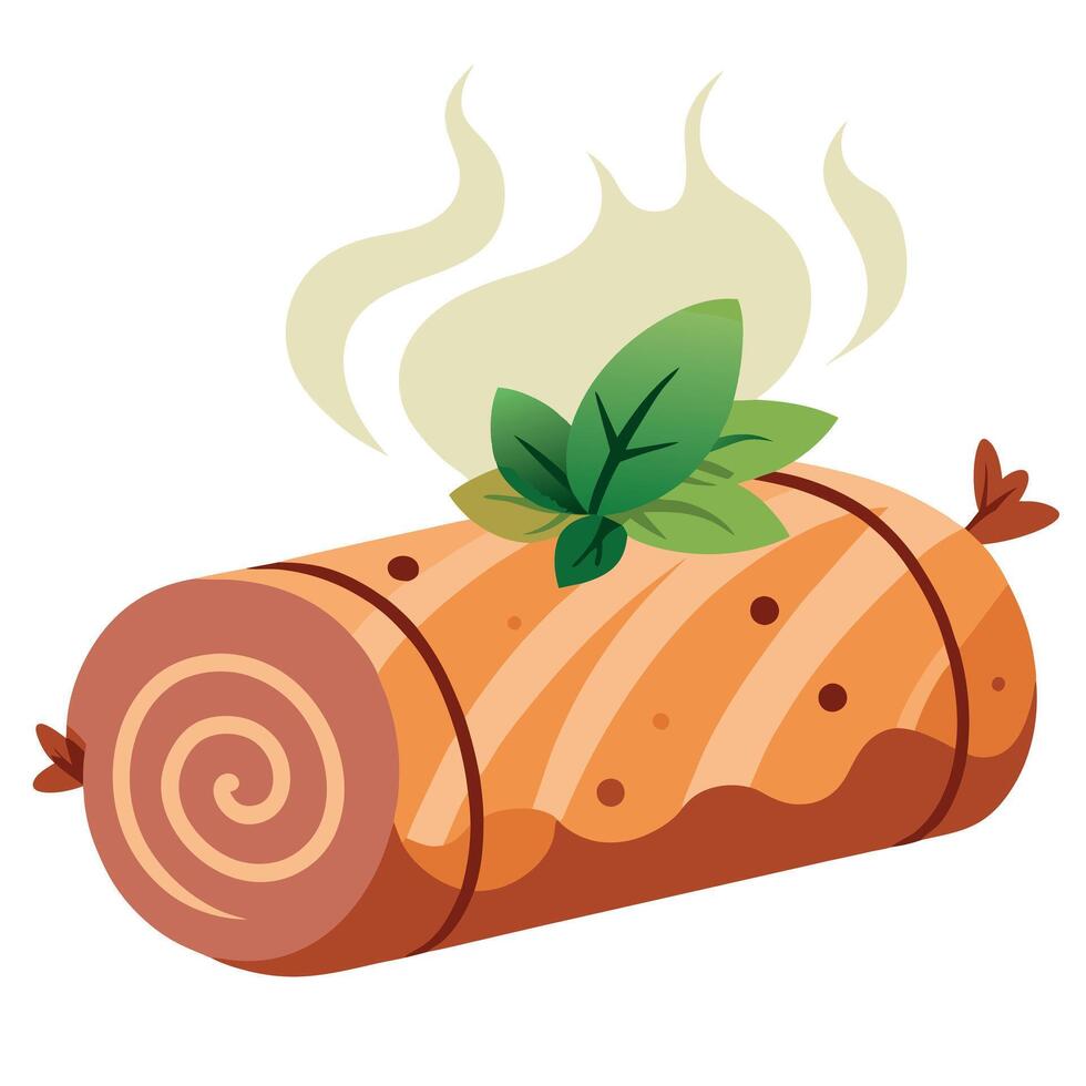 Classic baked pork porchetta with thin smoke. garnished with various herbs vector