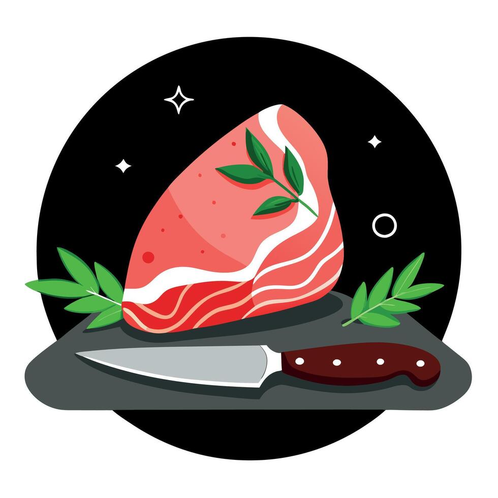 A fresh cut of pork from the neck with herbs and a butcher knife on a black stone table background p vector