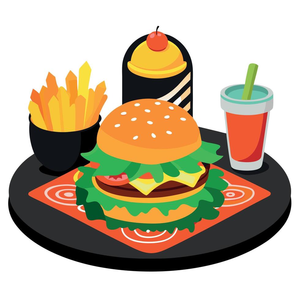 A large hamburger with lettuce and pickles on top of a black plate. The burger is surrounded by a va vector