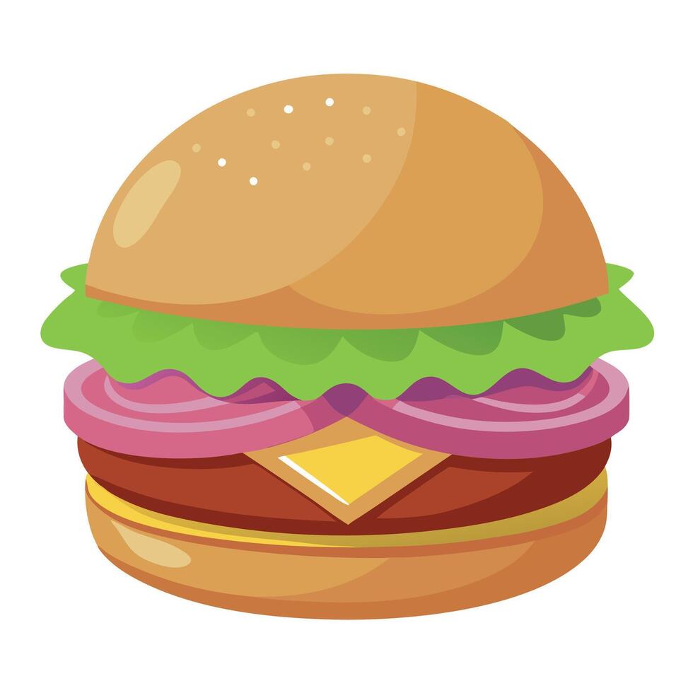 Burger with onions and cheese on white background with soft studio light. vector