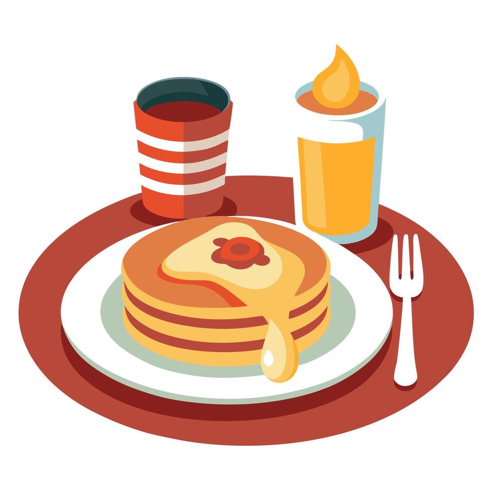 Classic American morning meal featuring syrupy pancakes and savory bacon. vector