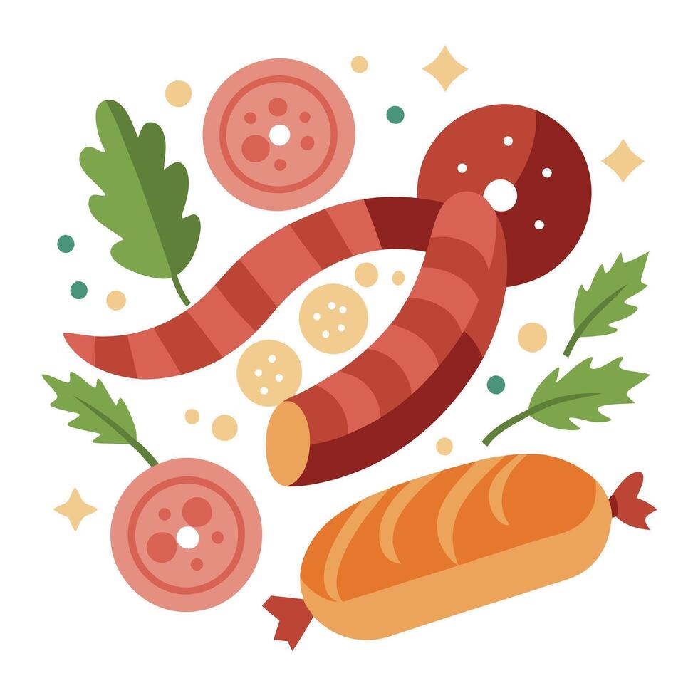 Deliciously arranged sausage. ham. and bacon with parsley decorations on a clean. abstract white bac vector