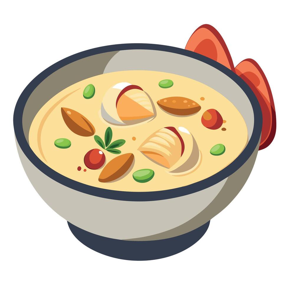 A mouthwatering portrait of a classic clam chowder bowl. capturing tender clams. smoky bacon. and te vector