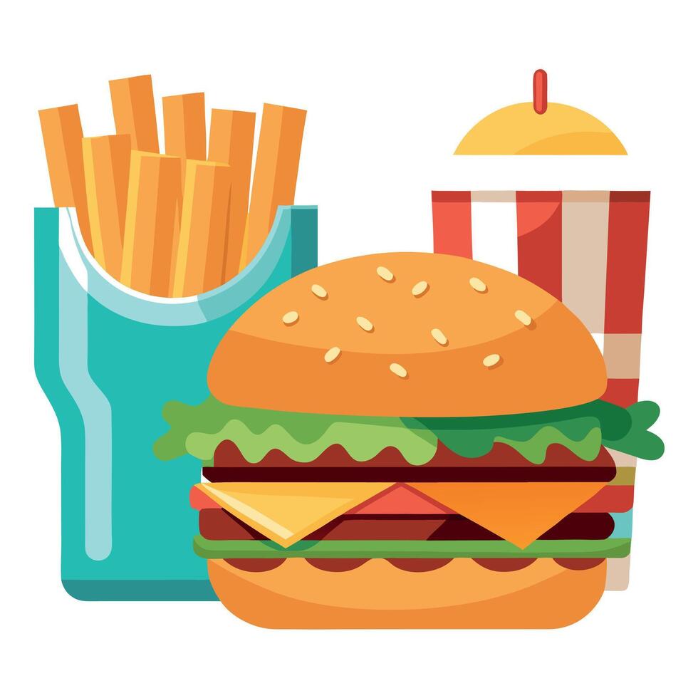 Deluxe grilled burger with bacon and gorgonzola served with fries and beer vector