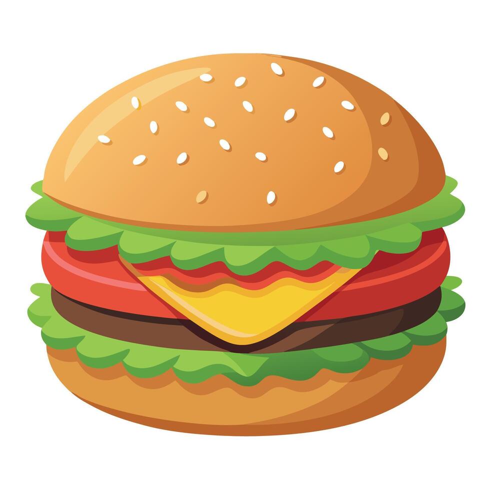 A close-up of a delicious burger. Fresh ingredients including lettuce. cheese. and tomato are visibl vector