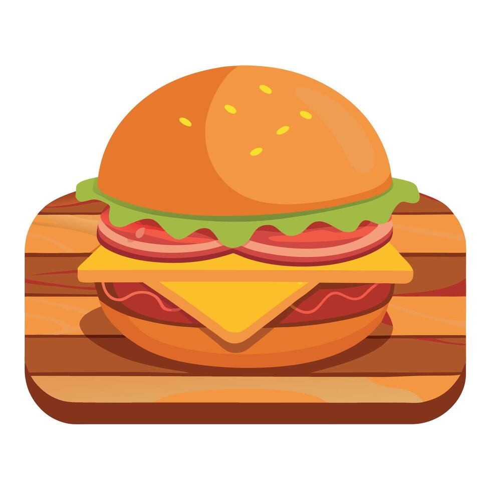Delicious cheeseburger with crispy bacon sitting on rustic wooden cutting board vector