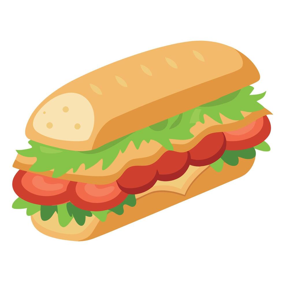 Large baguette sub sandwich with roast chicken. greens and vegetables on white table vector
