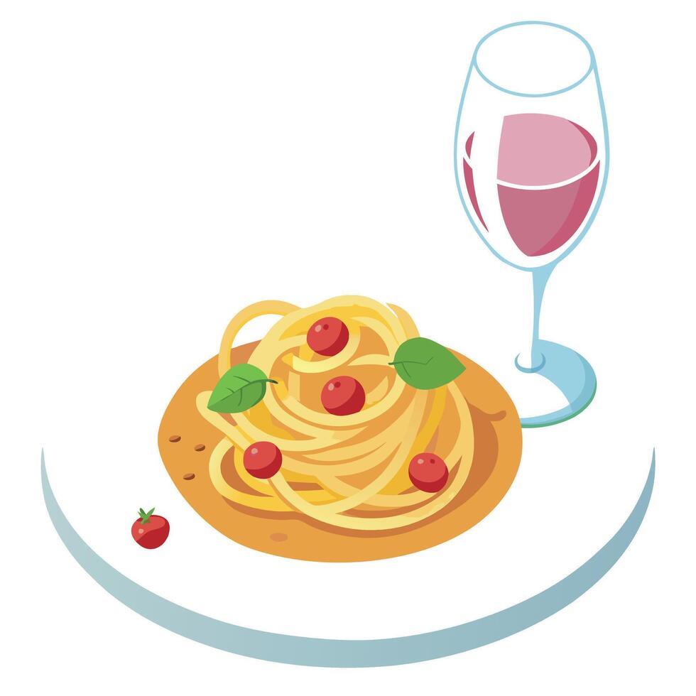 A plate of Italian spaghetti carbonara paired with a glass of crisp white wine vector