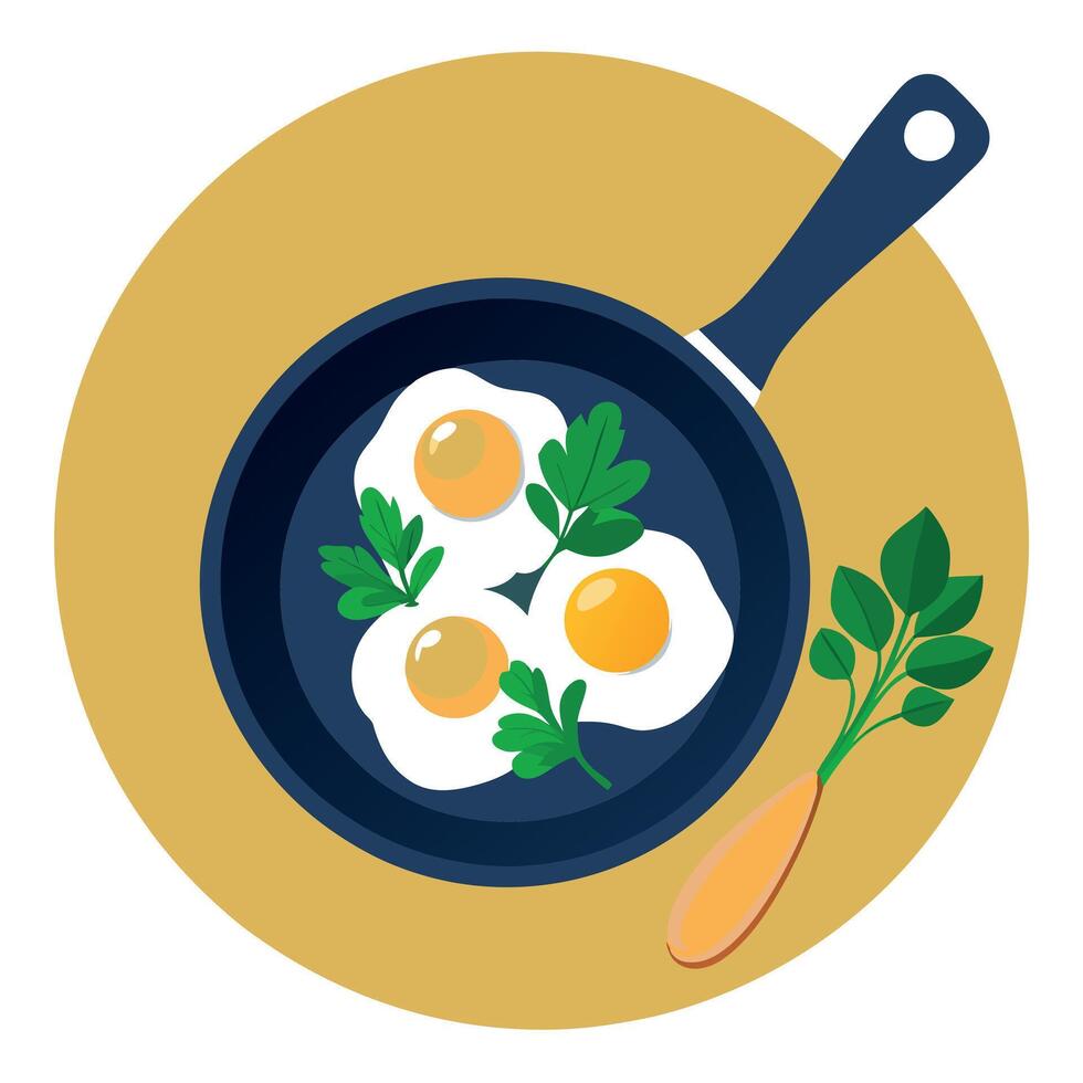 Three eggs in a frying pan Parsley garnishes the rim A spoon rests by the side vector