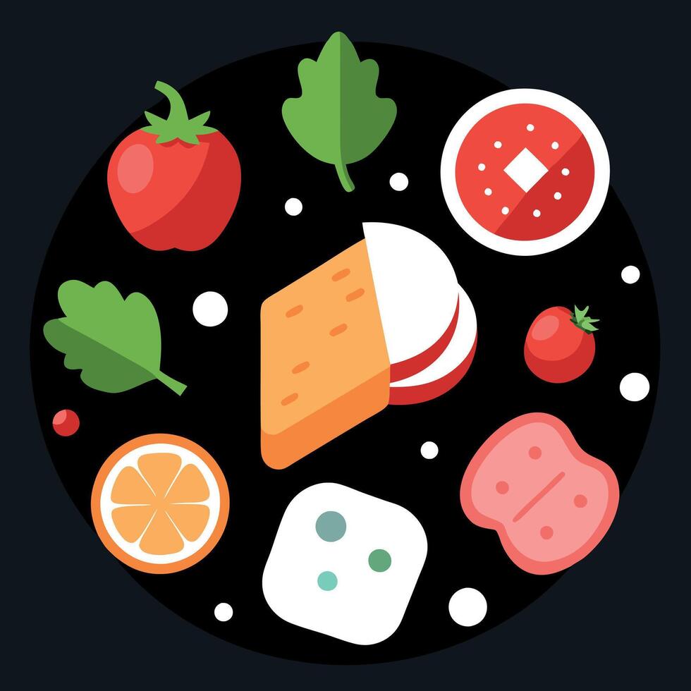 Ingredients ham cheese tomatoes lettuce and toast View from above on dark background vector