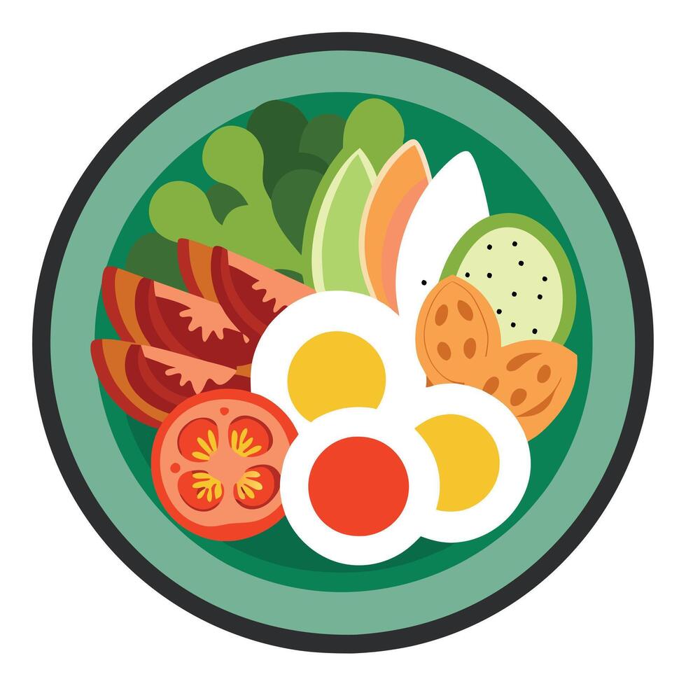 Healthy American cobb salad with chicken avocado bacon tomato cheese eggs top view vector