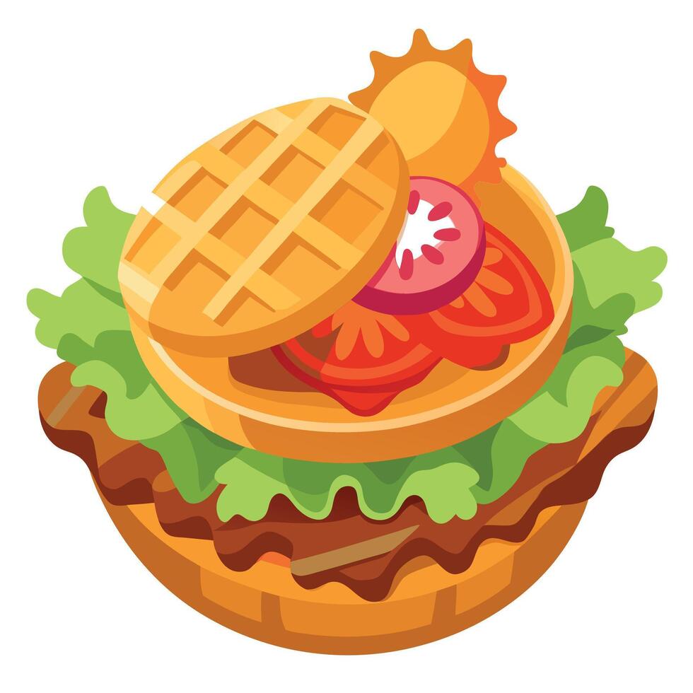 A waffle sandwich filled with crispy bacon. tender chicken. and a fresh salad. vector