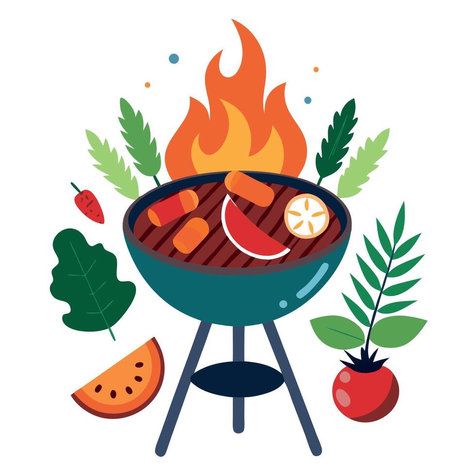 Grilled meat and vegetables and herbs cooked on fire as a barbecue. delicious food vector