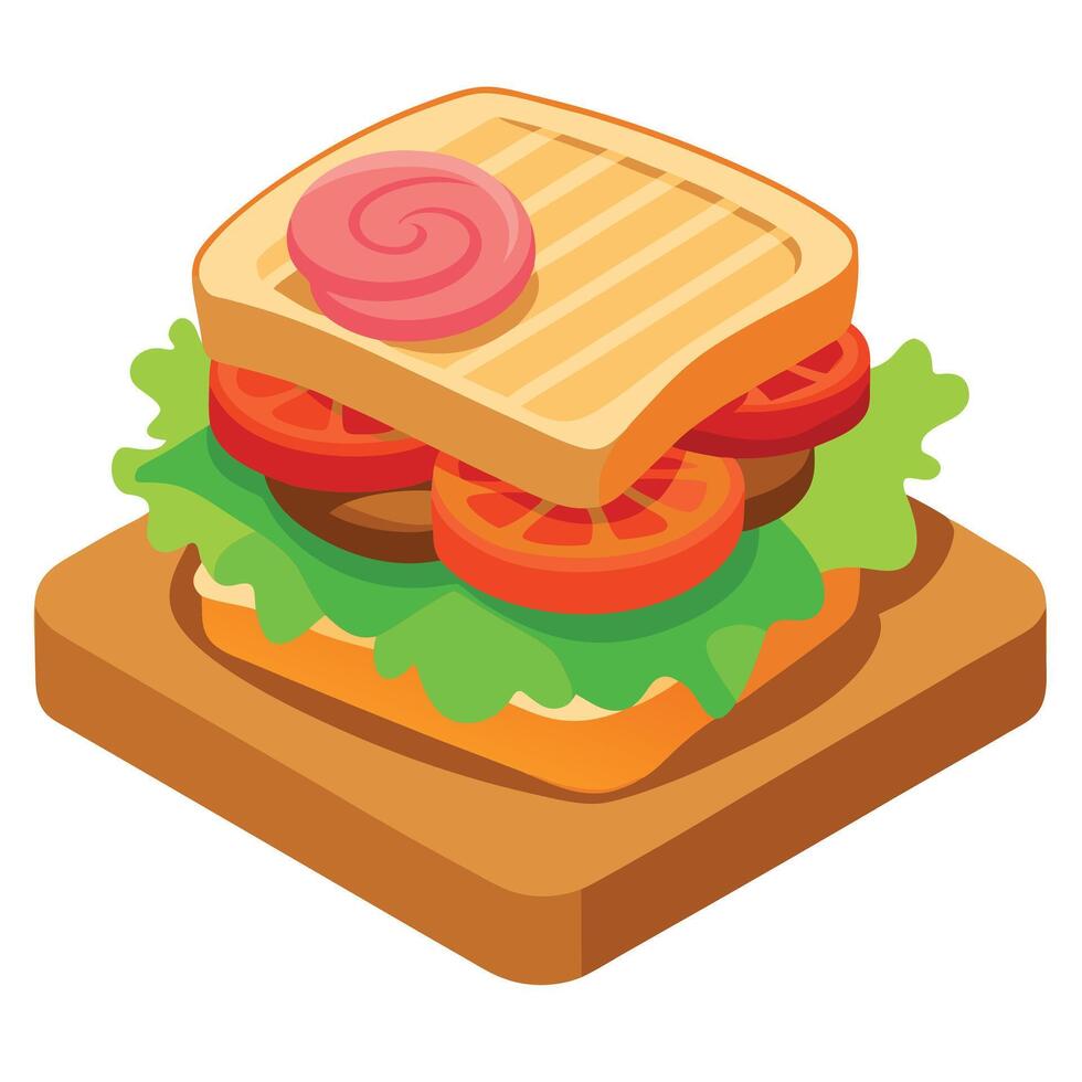 Delicious blt sandwich on a wooden table. focus on crispy bacon and fresh vegetables vector