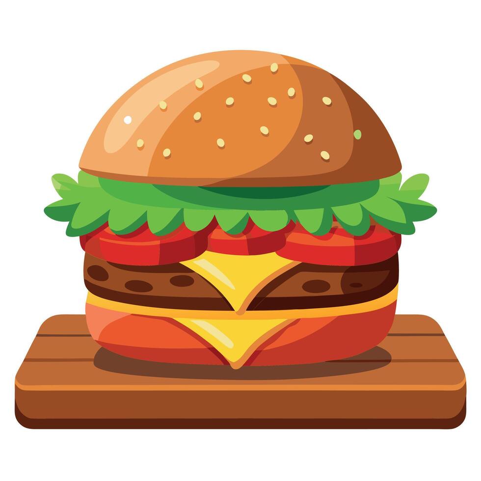 Delicious homemade beef burger with fresh vegetables and spicy sauce on wooden table vector