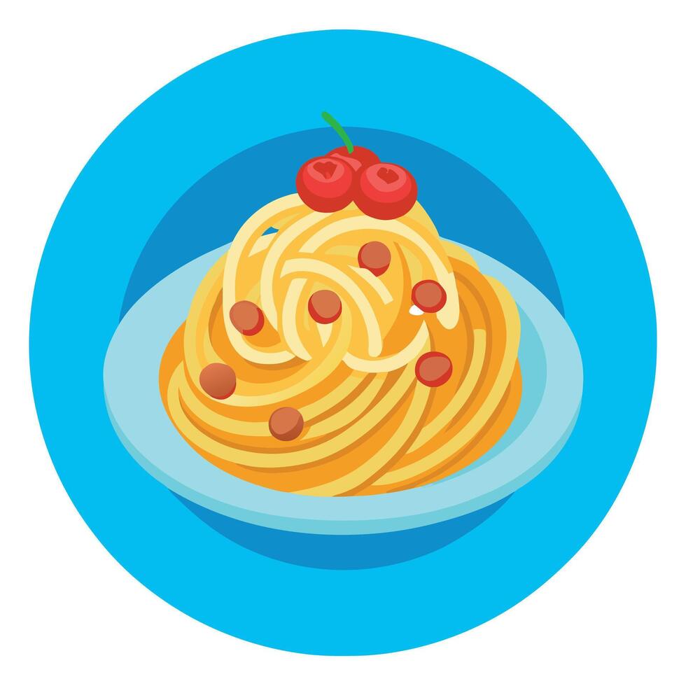 Creamy beef bacon spaghetti carbonara served with sauted mushrooms on a blue plate. vector