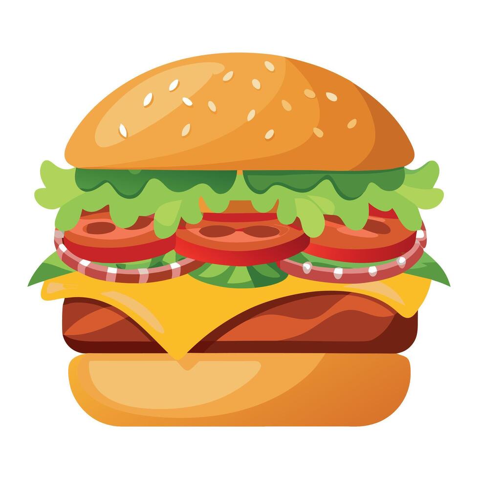 A delicious cheeseburger with bacon. tomato. lettuce. and onion on a sesame seed bun vector