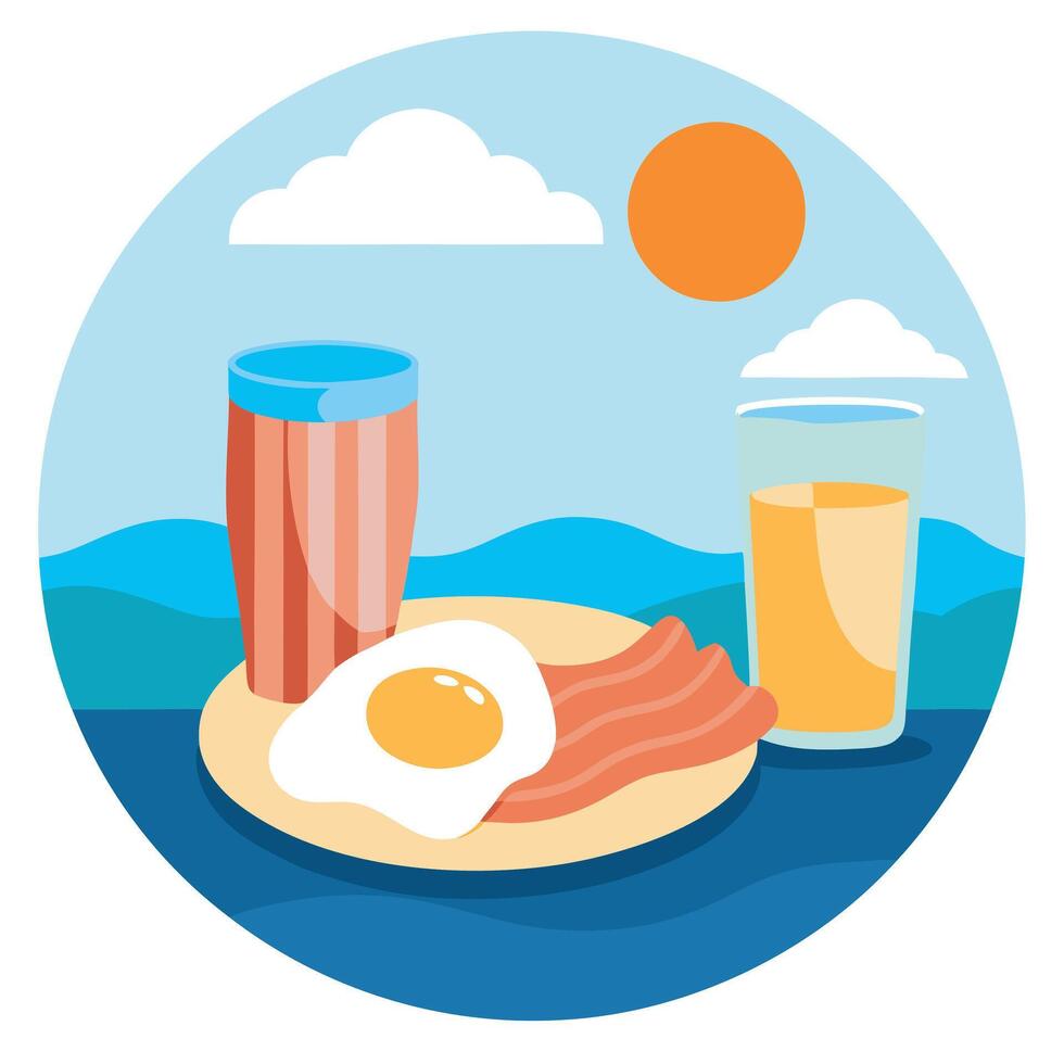 A plate of bacon and eggs with a glass of orange juice on a table by the ocean vector