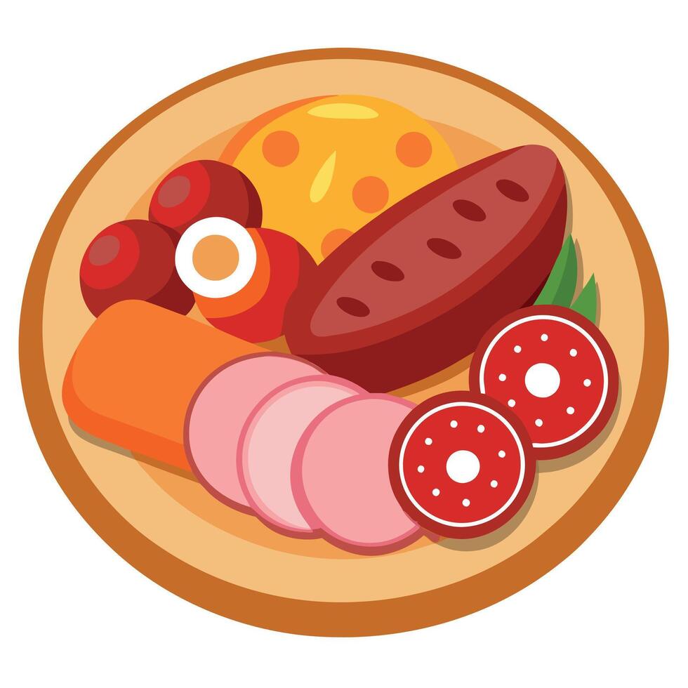Delicious charcuterie platter with sausage. chorizo. smoked ham on white background vector