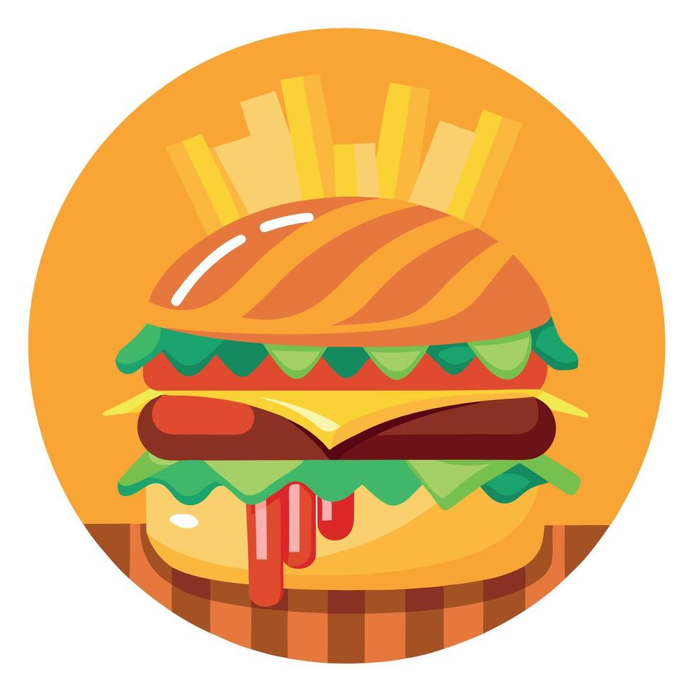 Burger and fries on wooden background. Burger with cheddar cheese. bacon and onion. vector