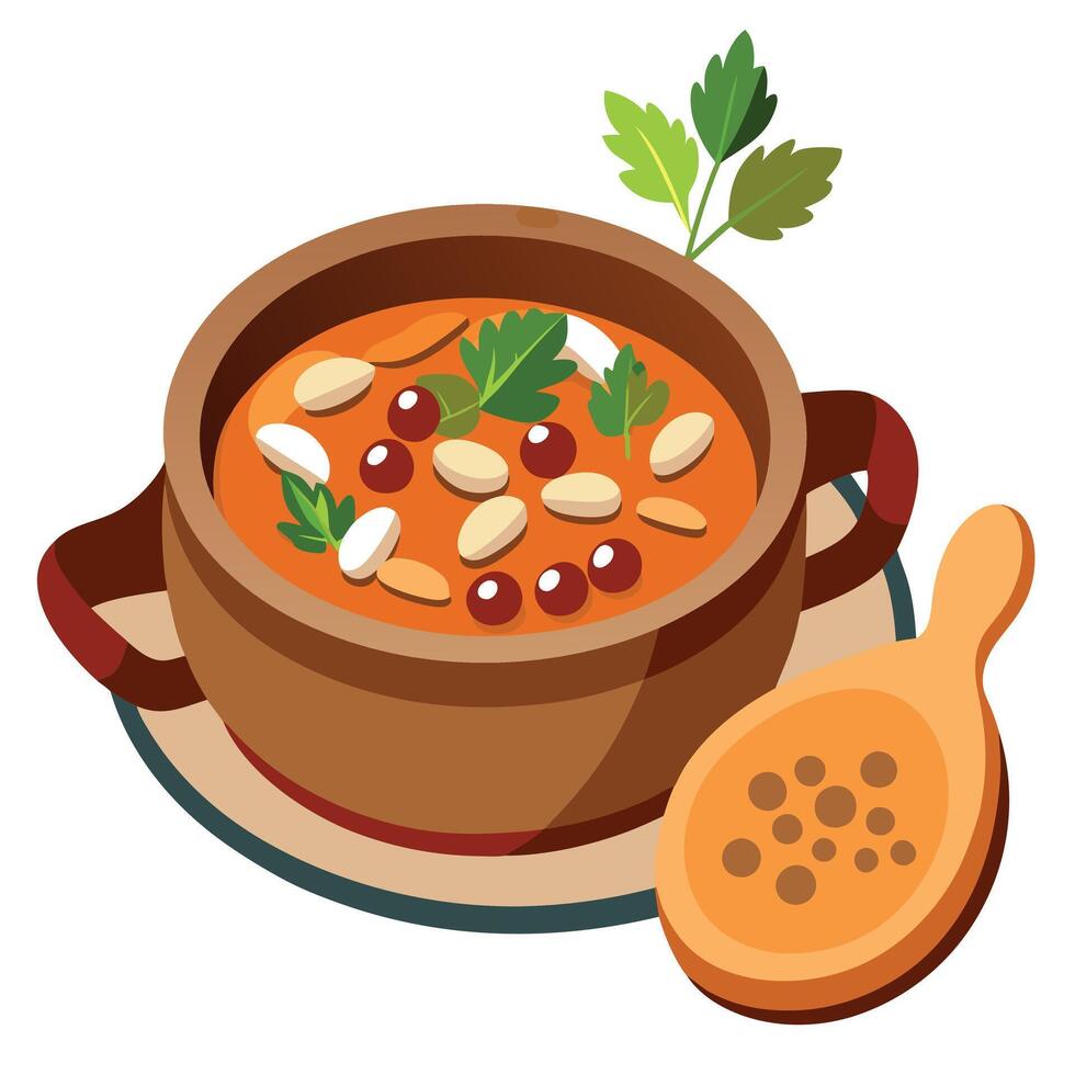 Cassoulet with a garnished side of fresh parsley and crusty bread on a wooden table vector