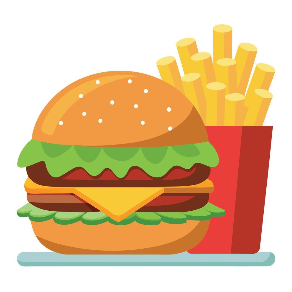 Homemade cheeseburger with cheese and vegetables served with french fries and salad vector