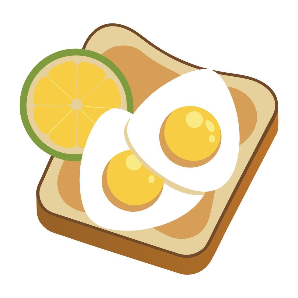 Two eggs atop a slice of bread on a pristine white counter. adjacent to lemon wedges vector